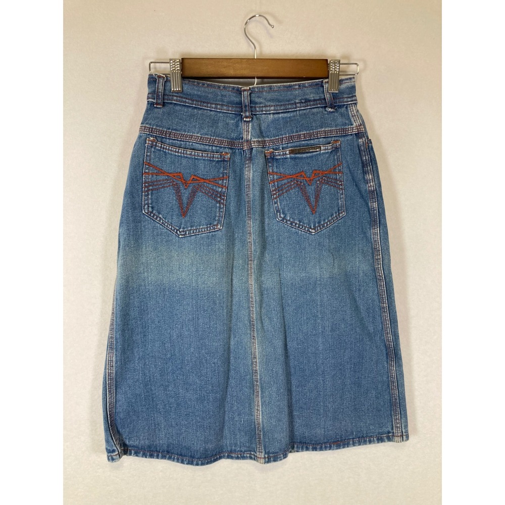 Vintage Britches n Things Women 11 Blue Denim High Rise Midi Skirt‎ Front Slit - Picture 2 of 9